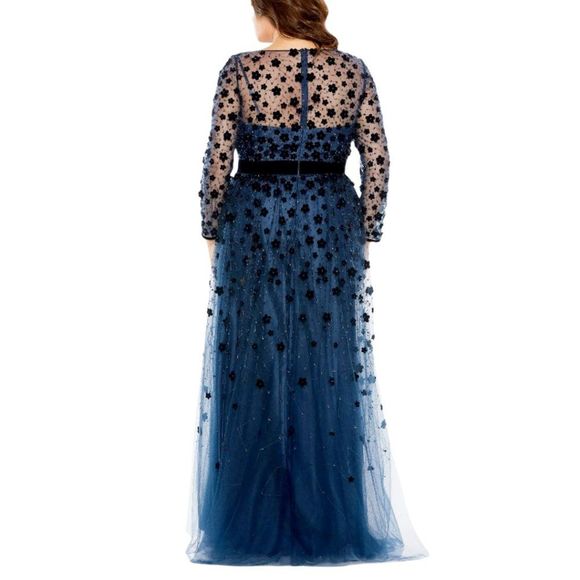 Mac Duggal 68440 Size 20W 20 Navy Floral Applique Long Sleeve A Line Gown Dress - Picture 4 of 4